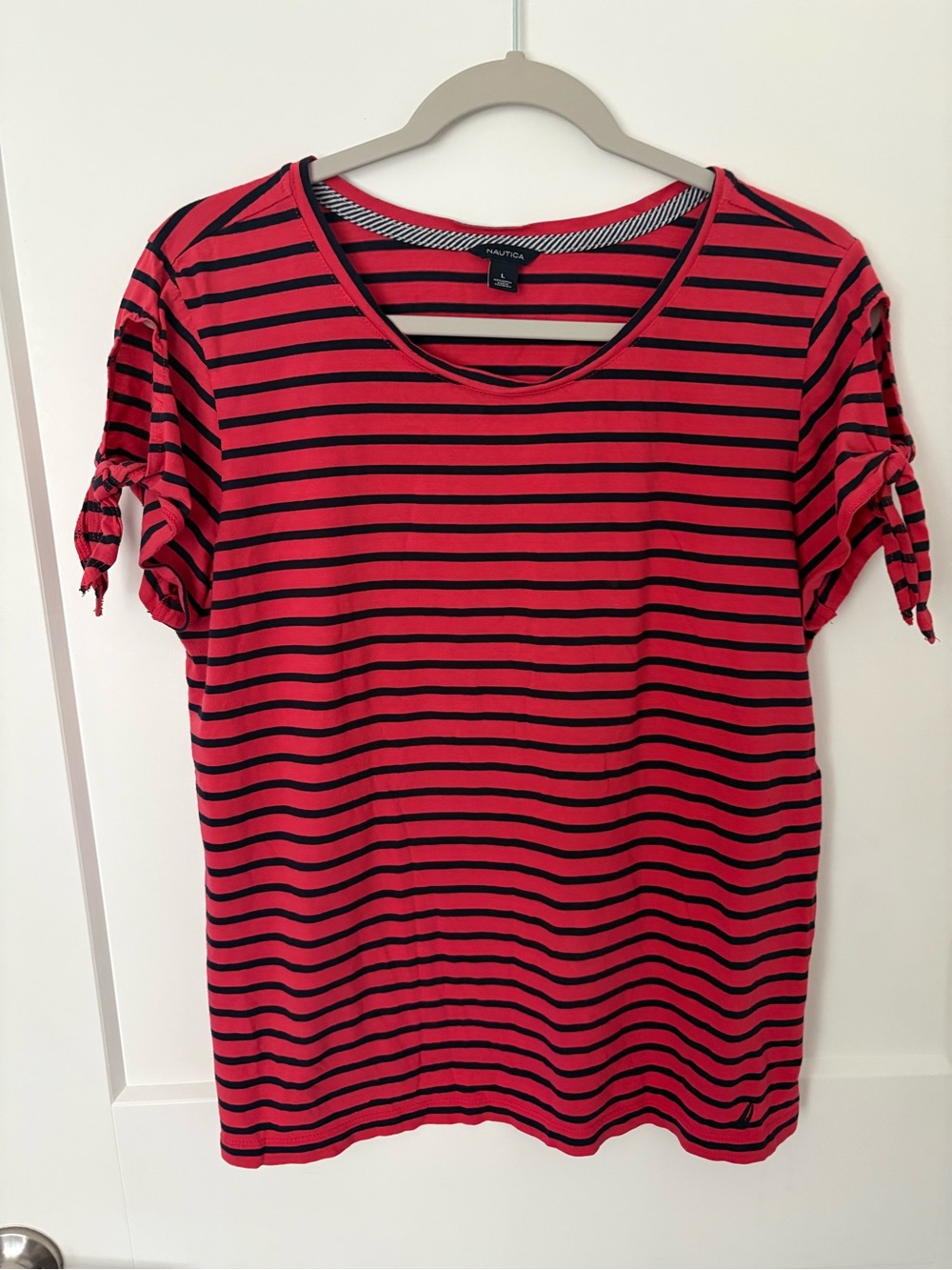 Nautica Red and Black Striped Short Sleeve Tee with Tie Sleeves